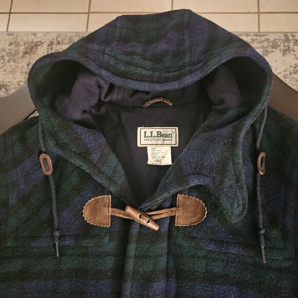 LL Bean Wool Duffle Coat Toggle Hooded Vintage Chore Navy Plaid USA Mens Tall L - Picture 2 of 7